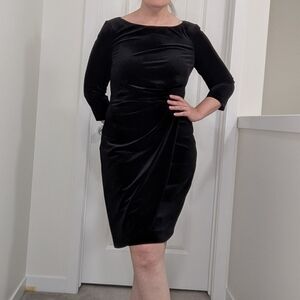 Black Velvet 3/4 Sleeve Faux Wrap Midi Office Christmas Party Dress Size 14